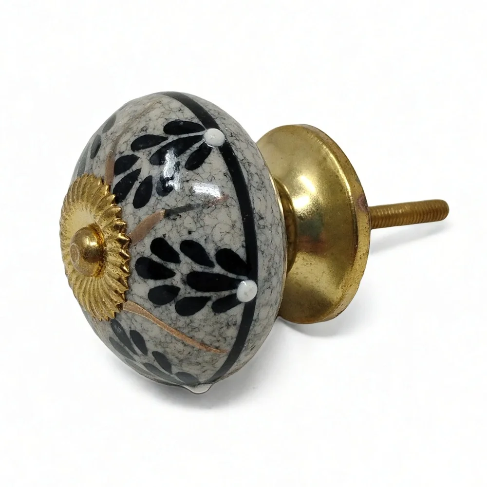 Handmade Ceramic Cabinet Knob Set 6 Floral Crackle Glaze Gold Accent Cottagecore